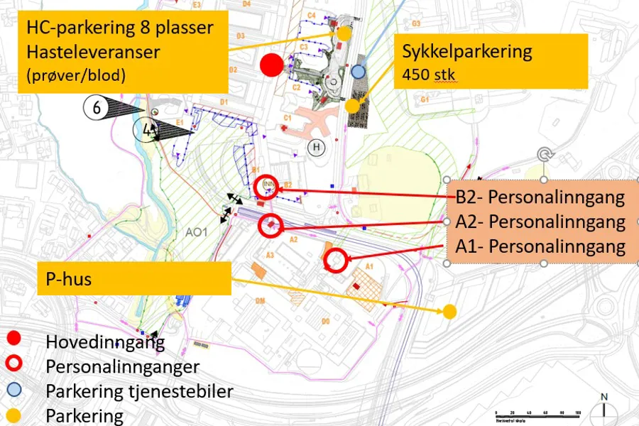 Kart som viser nye innganger og parkeringsplass